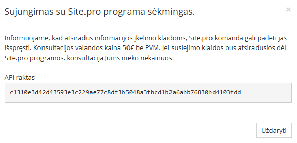 Private API key view window for integration